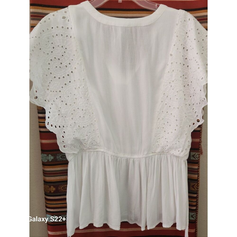 Maurices White Eyelet Lace Butterfly Sleeve Peplum Top Lrg Boho V-Neck Side Ties - Picture 4 of 14